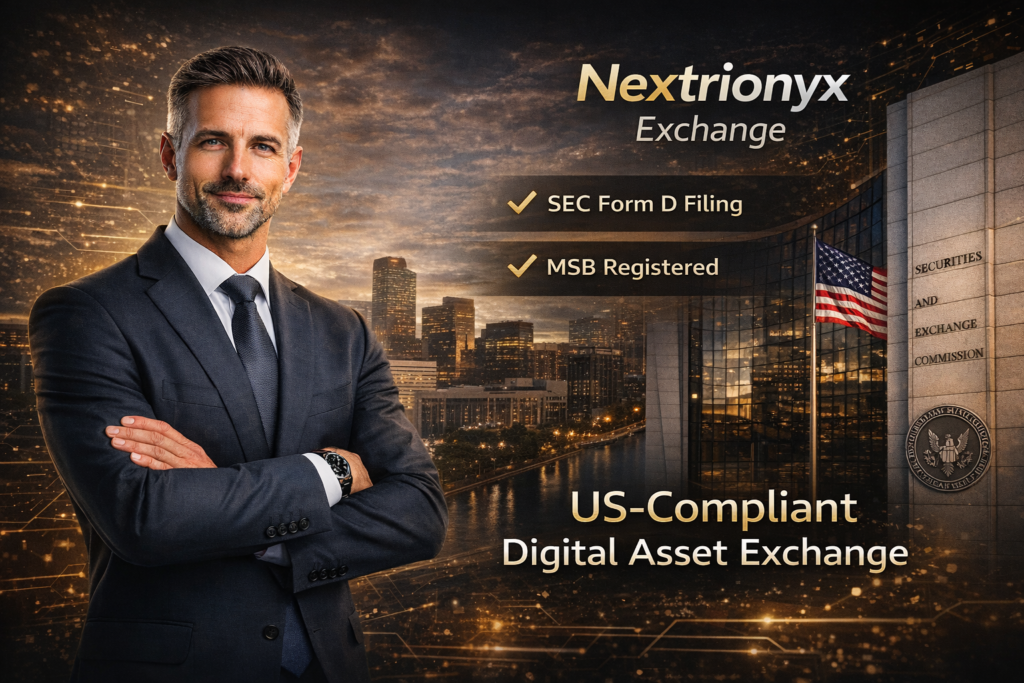 Nextrionyx Exchange homepage banner featuring a professional businessman, US skyline background, highlighting SEC Form D filing, FinCEN MSB registration, and compliant digital asset exchange services